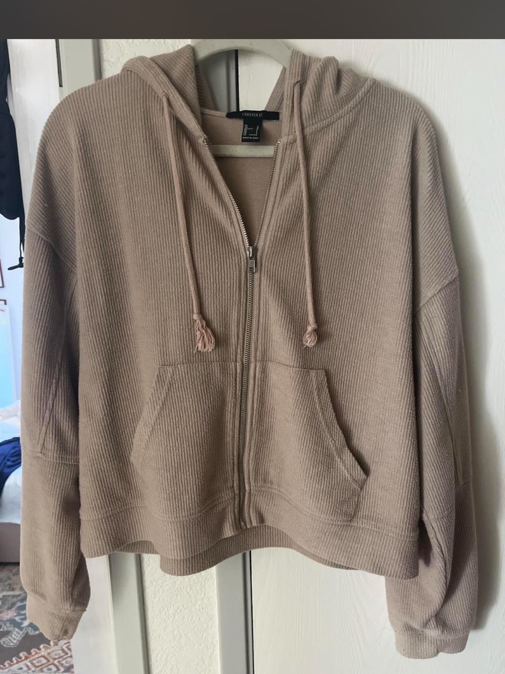Forever 21 Ribbed Taupe Zip Hoodie